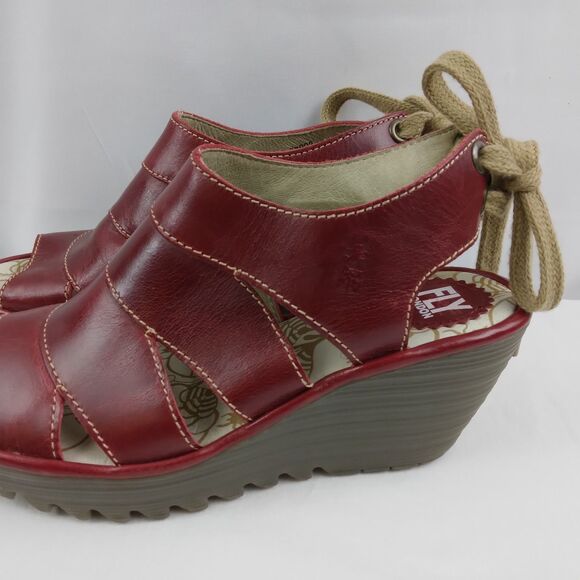Fly London YOWN Dark Red Wedge Peep Toe Sandals Lace Up  Womens Size 38 US 7.5 8 - Picture 7 of 16